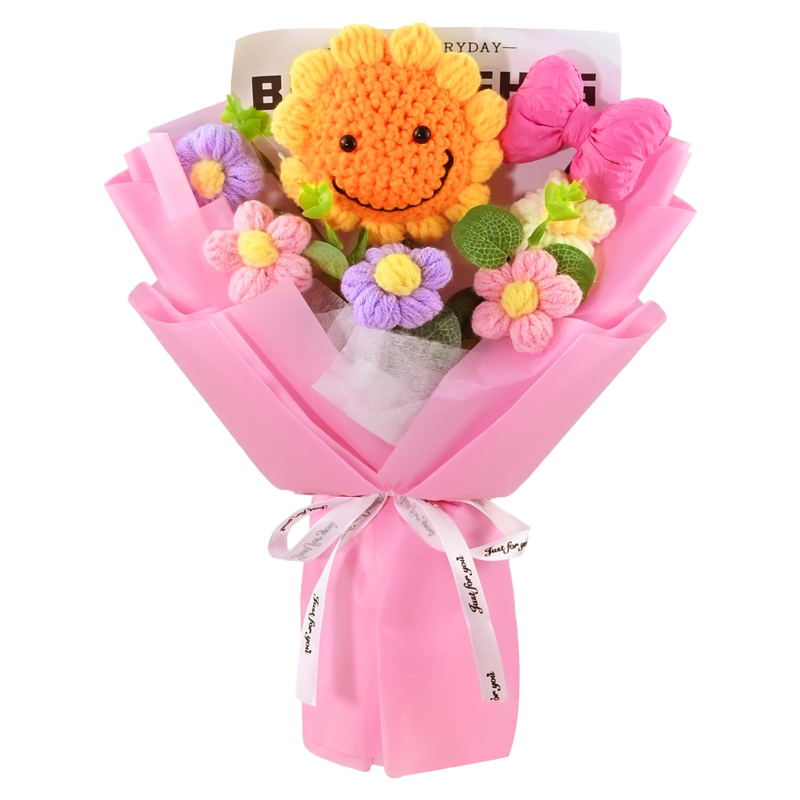 ELLECILA Crochet Sunflower Bouquet - Knitted Smile Sunflowers Bouquet Crochet flowers for Home Decoration Crochet Flowers Artificial Floral Gifts for Birthday, Christmas, Mother’s Day, Val (A)