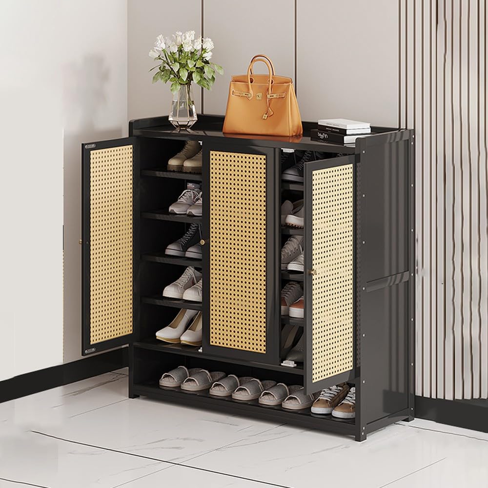 BHGFYXBS Bamboo Rattan Shoe Cabinet With Doors Rustic Oak Sideboard Sto Adjustable Shelves Entryway For Hallway & Home Decor,Black-90 * 32 * 94 Cm,Black-90 * 32 * 94 cm