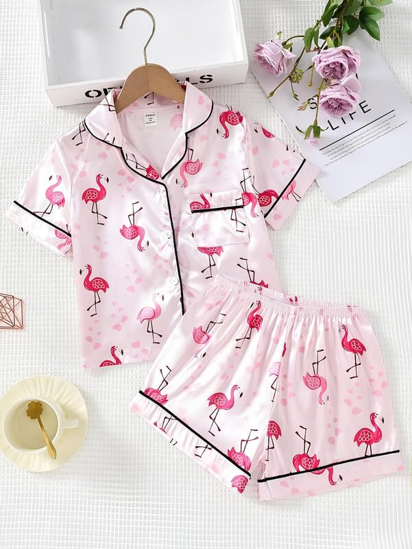 Image of Night Dress for Kids Girls, Button-Down Pajama Set Night Dress, Long Sleeve Top and Pants with Ruffle Trim, Textured Cotton Sleepwear for Lounging