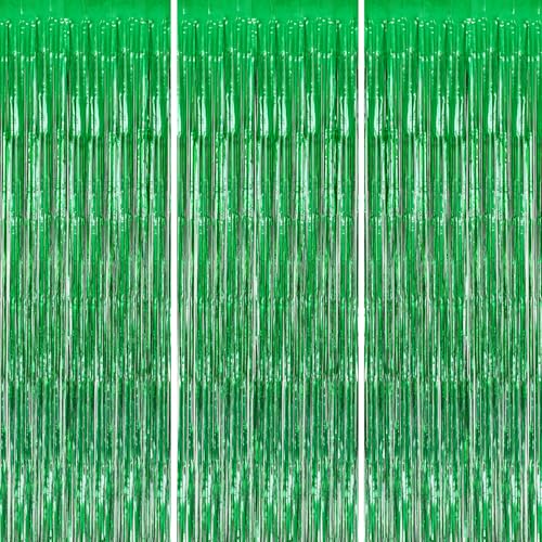 DECOCKRAT 3 Pack Foil Fringe Backdrop - Green Shiny Tinsel Curtains for Party Decoration/Photo Booth Props - 3.3x8.2 FT Metallic Foil Backdrop for Birthday, Wedding, Graduation, Christmas.
