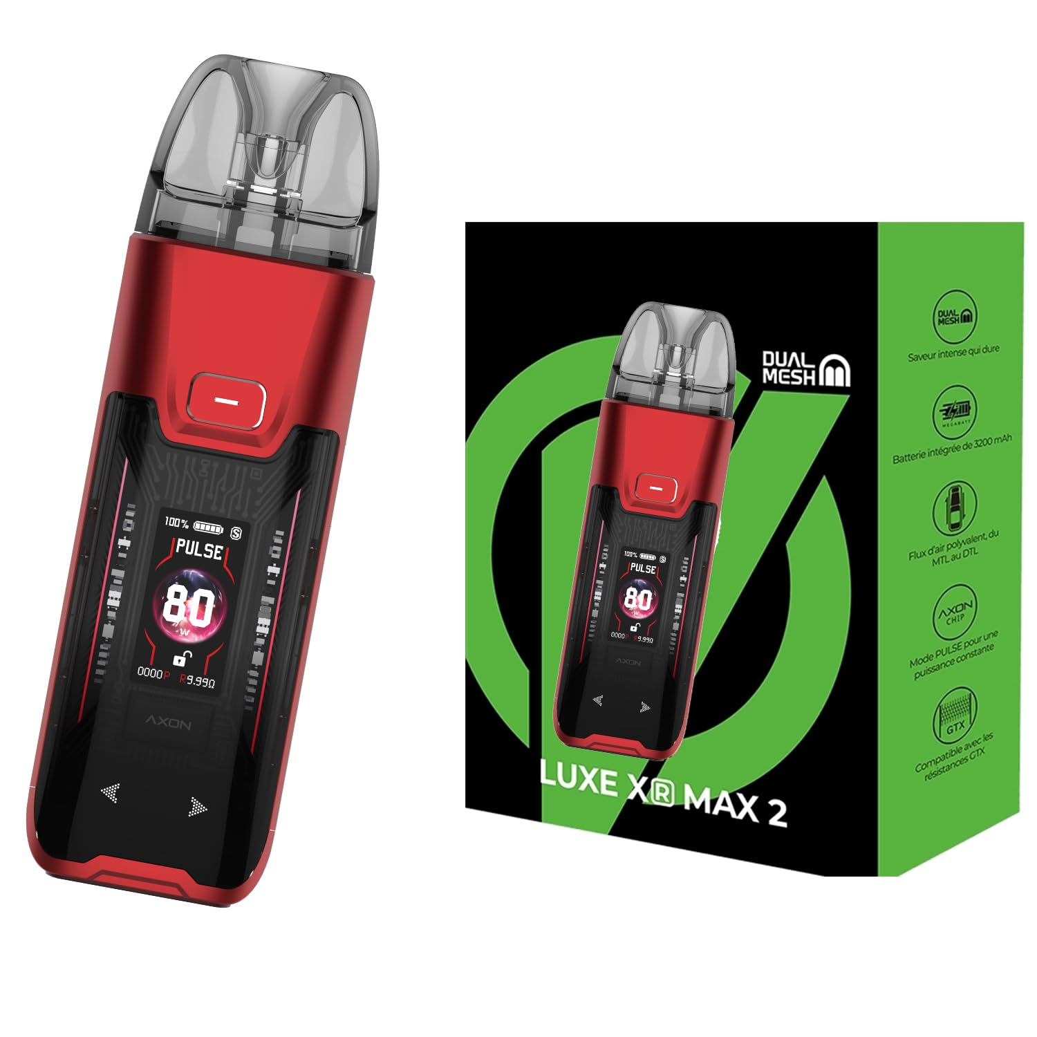 LUXE XR Max 2 Kit Vape intgr 3200 mAh Max Output 80 W AXON Puce  Adjustable Airflow Dual Mesh Fit Coil 5 ml DTL/MTL - Pas de nicotine, pas  de liquide : Amazon.fr: High-Tech