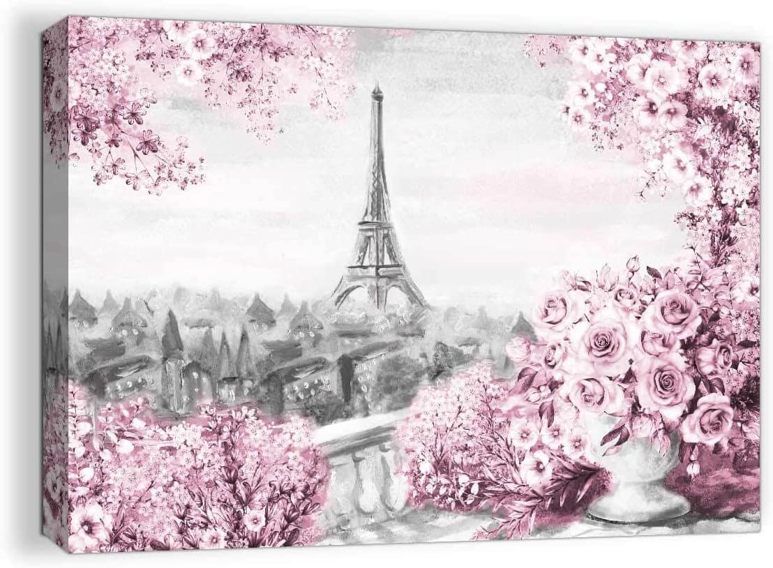 Paris Eiffel Tower Wall Decor for Bedroom Canvas Wall Art Paris Theme Pink Girls Room Wall Decor Bathroom Modern Framed Painting Pictures Wall Decor Artwork for Walls Home Wall Decoration Size 12x15