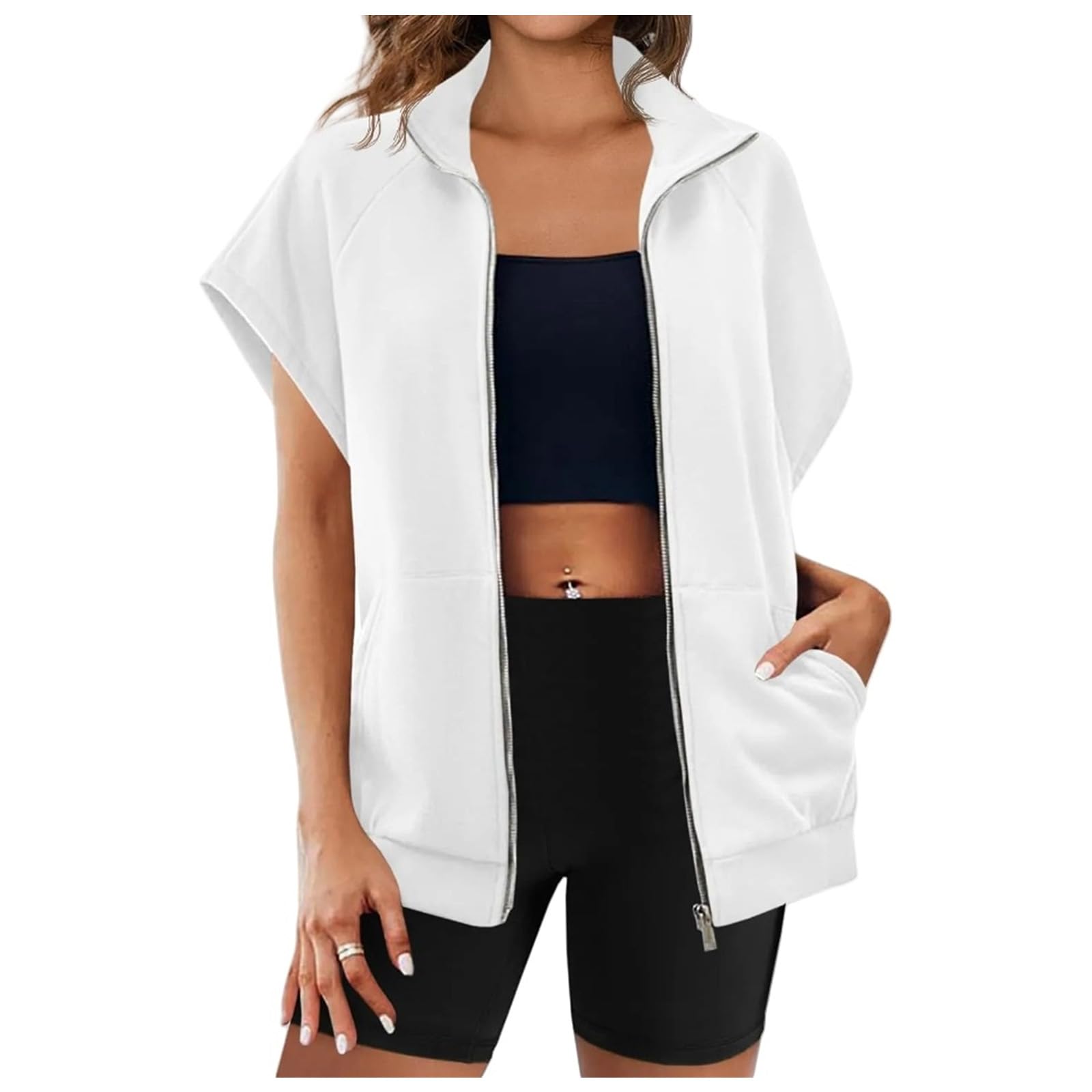 Women's Sweatshirts Short Sleeve Lapel Zip Up Sweatshirt Casual Lightweight Solid Color Jacket Tops with Pockets