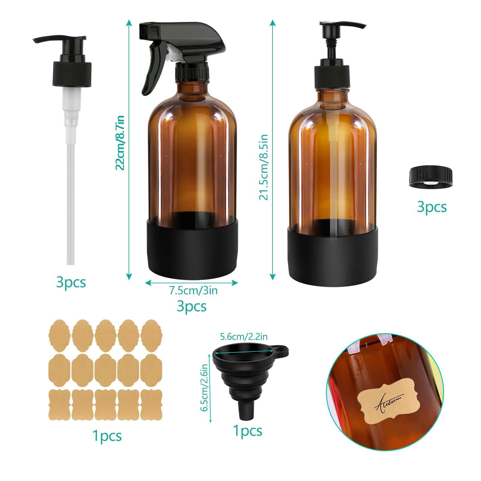 3 sztuki szklanych butelek z rozpylaczem 500 ml, zestaw butelek z rozpylaczem z regulowanym rozpylaczem do rozpylania i mgiełki, bursztyn, pusta butelka z rozpylaczem na wodę do włosów, ogrodnictwo