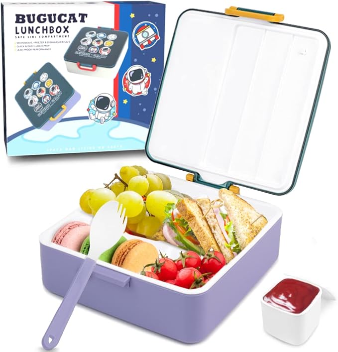 Bugucat Bento Lunch Box 1300ml, Bento Box with 4 Compartments & Cutlery