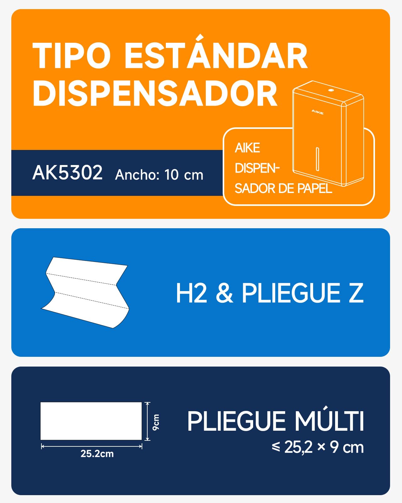 AIKE Dispensador Estándar De Toallas De Papel, 400-Hojas De Pared para Toallas H2, Pliegue Z Y Multipliegue (Tamaño ≤25,2 * 9cm), AK5302