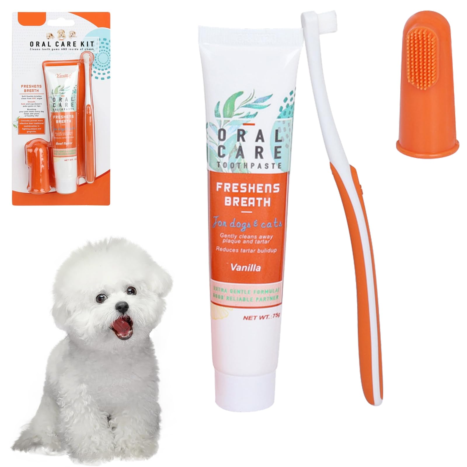 Bavooty Pet Tooth Care Set - Dog & Cat Toothbrush and Toothpaste,Finger Toothbrush,Dog Toothbrush and Toothpaste Kit,Teeth Cleaning Products for Clean Pet Teeth,Eliminate Bad Breath