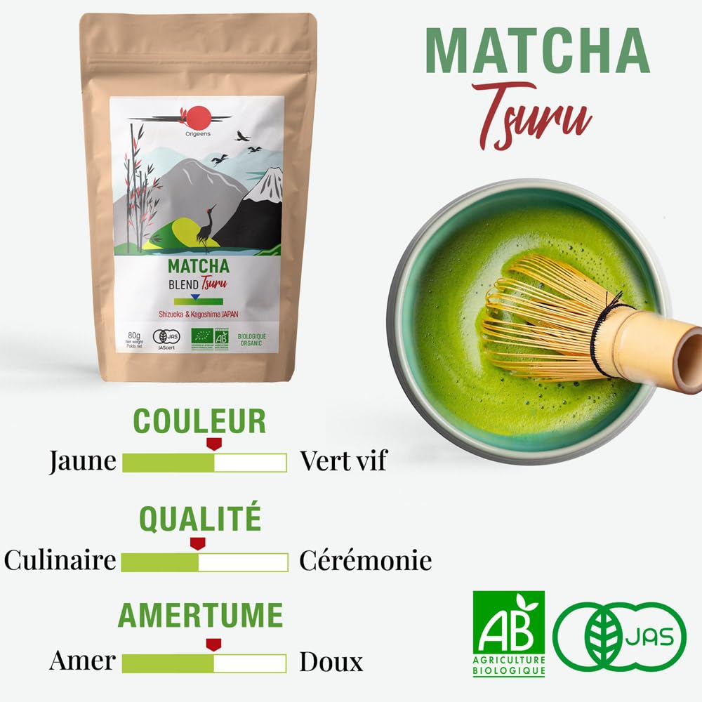 ORIGEENS Kit Matcha Complet JADE - Conditionné en France - Matcha Kit avec Bol Matcha Artisanal (Portugal), Fouet Chasen, Thé Matcha BIO Japonais et Cuillère doseuse Chashaku