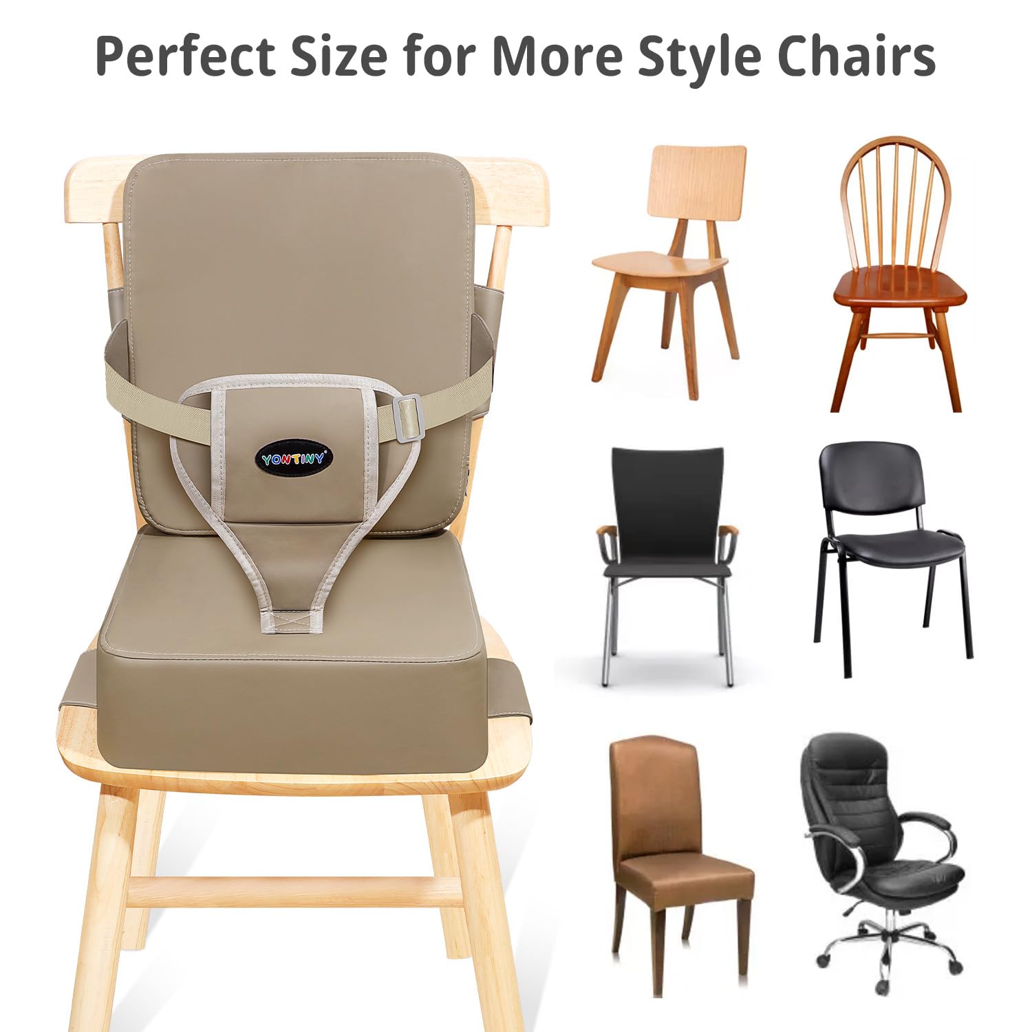 Toddler Booster Seat for Kitchen Chair with Removable Backrest & Adjustable Straps, PU Portable Waterproof & Non-Slip Booster Seat for Dining Table, Travel Child Eating Cushion - Dark Coffee