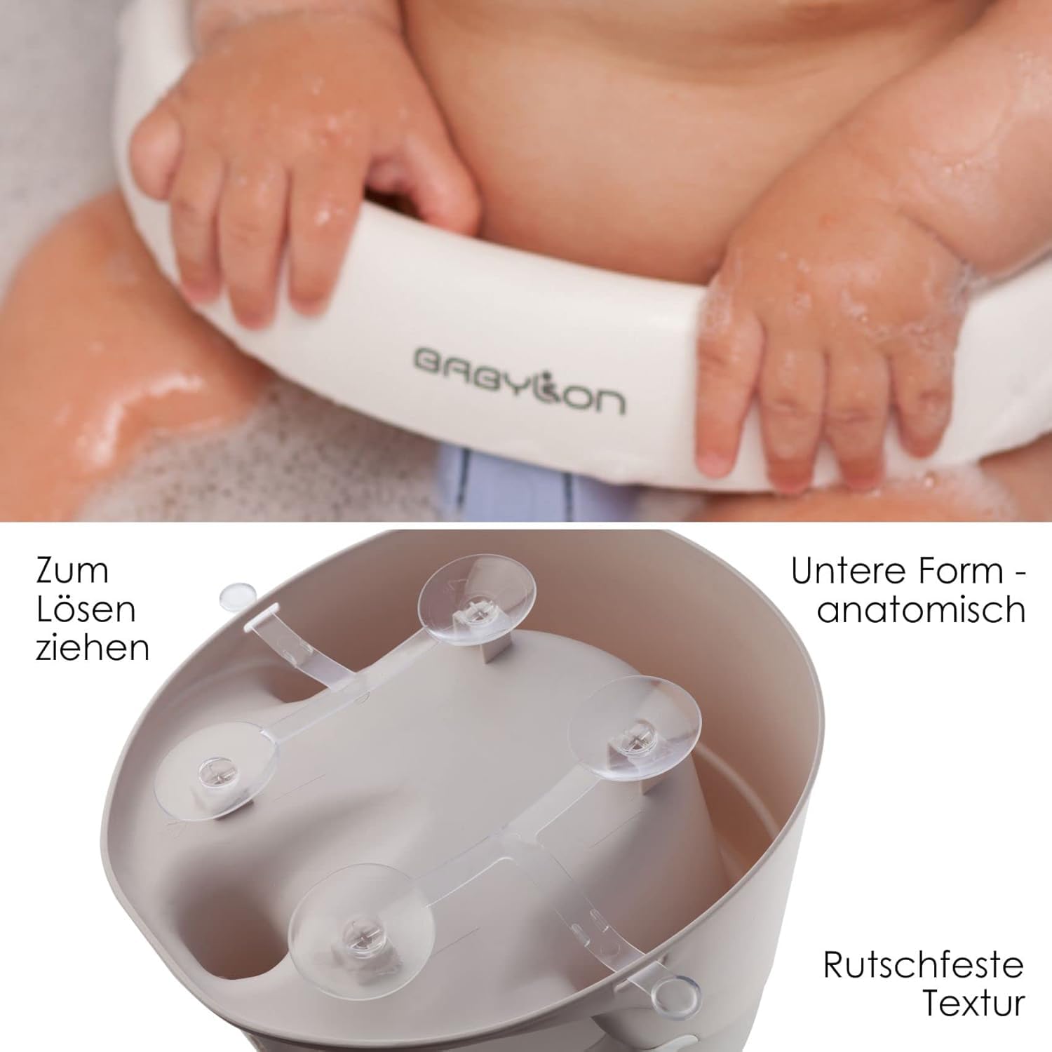 BABYLON Seggiolino da bagno Nemo – Seggiolino bagnetto per neonato da 6 mesi, Sedia da Bagno con 4 ventose antiscivolo, Seggiolino doccia neonato e vasca, grigio/bianco