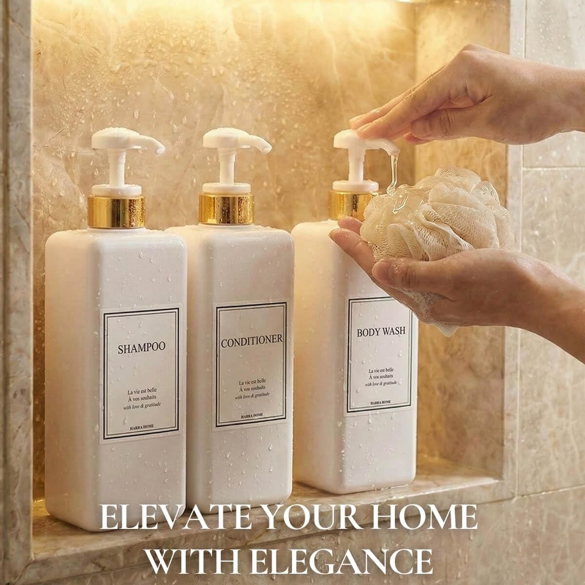 Modern Gold Design Lot de 3 distributeurs de shampooing et d'après-shampoing Rechargeables en Plastique pour Salle de Bain et Douche Blanc 765,4 g