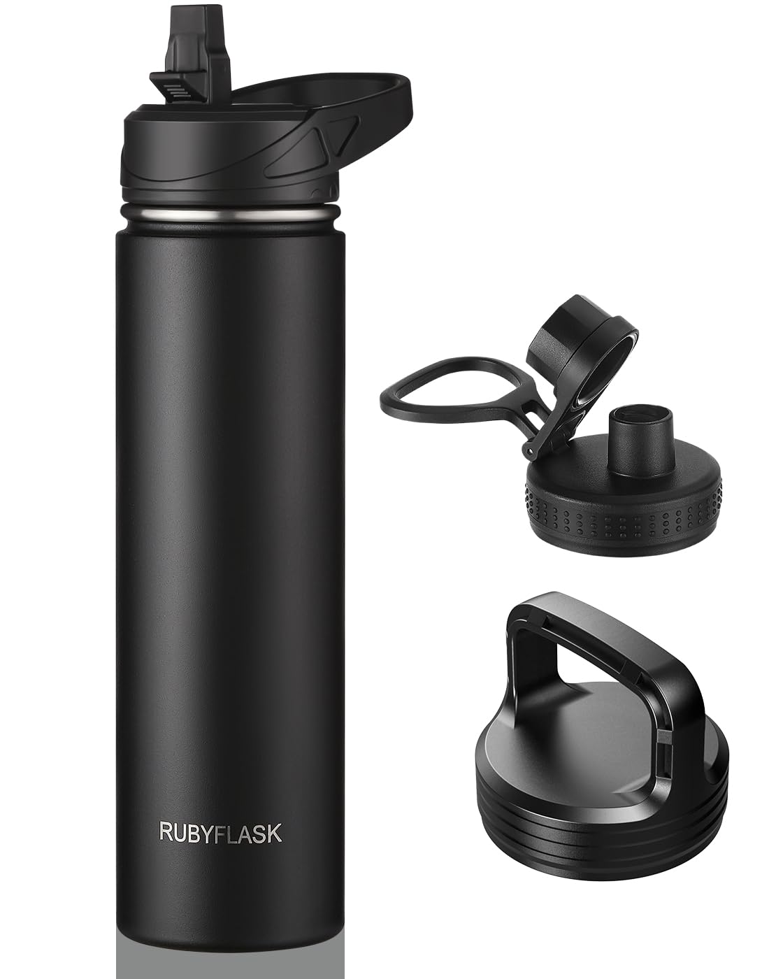 RUBYFLASK 24oz Insulated Water Bottle with Straw, Stainless Steel Metal Vacuum Water Flask, Large Thermal Water bottle with Leakproof 3 Lids for