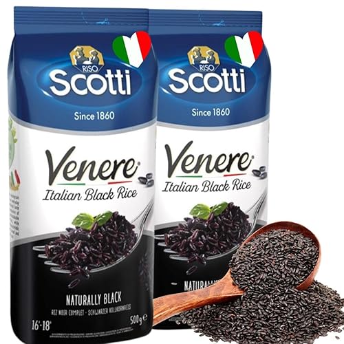 Riso Scotti Arroz de grano negro, paquete de 2 x 1.1 libras, producto de Italia, Venere, calidad premium, arroz morado de grano entero antiguo