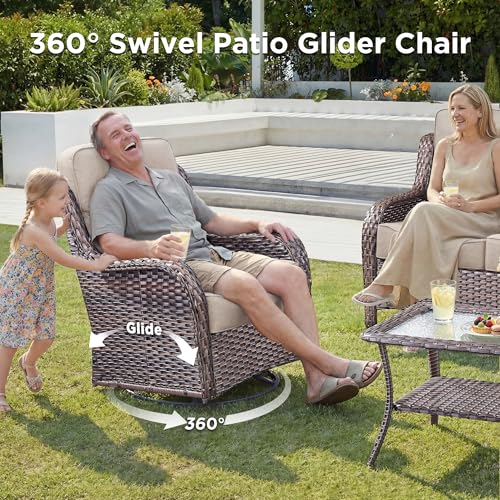 Luxury Patio Furniture Set with Fire Pit Table-4 Pieces High Back Wicker Swivel Rocker Chairs with 6" Extra Thick Cushions, Outdoor Patio Conversation Sets for Porch Deck Backyard(Brown/Beige) - Image 5
