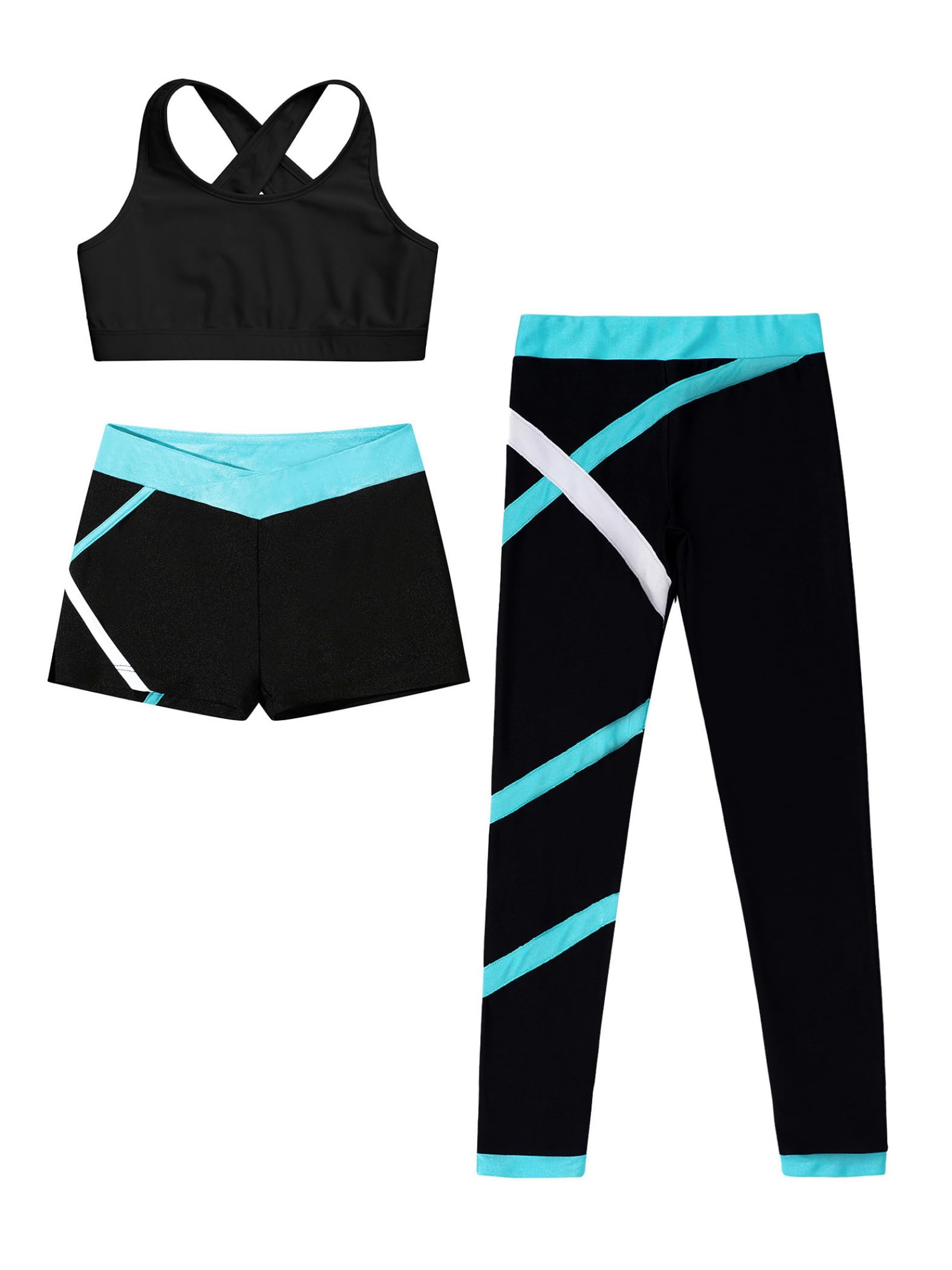 Ensemble De Sport Pour Fille 3 Pièces Complet Pour Entraînement Danse Moderne Yoga Course Jogging Débardeur Sportif + Short Sportif + Leggings Longs