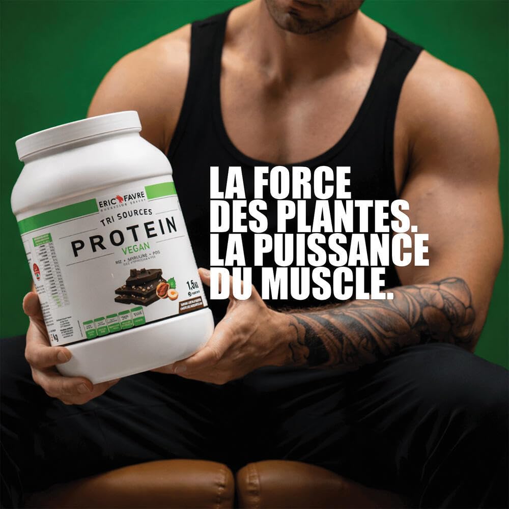 PROTEINES VEGAN TRI-SOURCE - Protéines Végétales Vegan Savoureuses Pour le Développement Musculaire - Riz Spiruline Pois - Assimilable Rapidement - 1,5kg - Saveur Vanille - Eric Favre