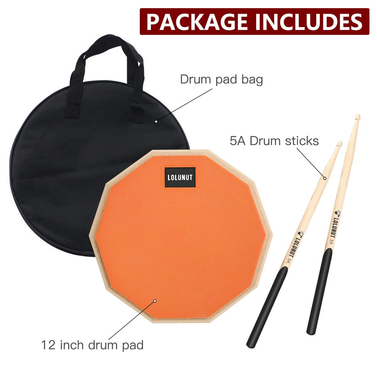 Pad de batterie d'entraînement silencieux double face en caoutchouc souple avec bâtonnets de batterie en bois massif 20 cm - Orange