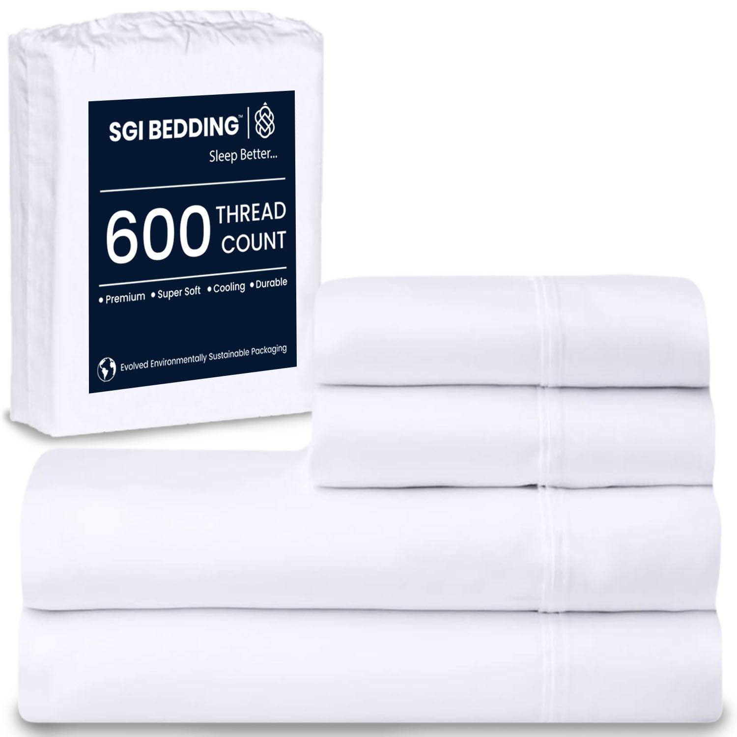 SGI bedding 600 Thread Count 100% Egyptian Cotton Twin Sheet Set White – Luxury 4-Piece Super Soft Bed Sheets, Breathable Hotel-Quality Bedding, 15” Deep Fitted, Cooling, Durable & Non-Pilling