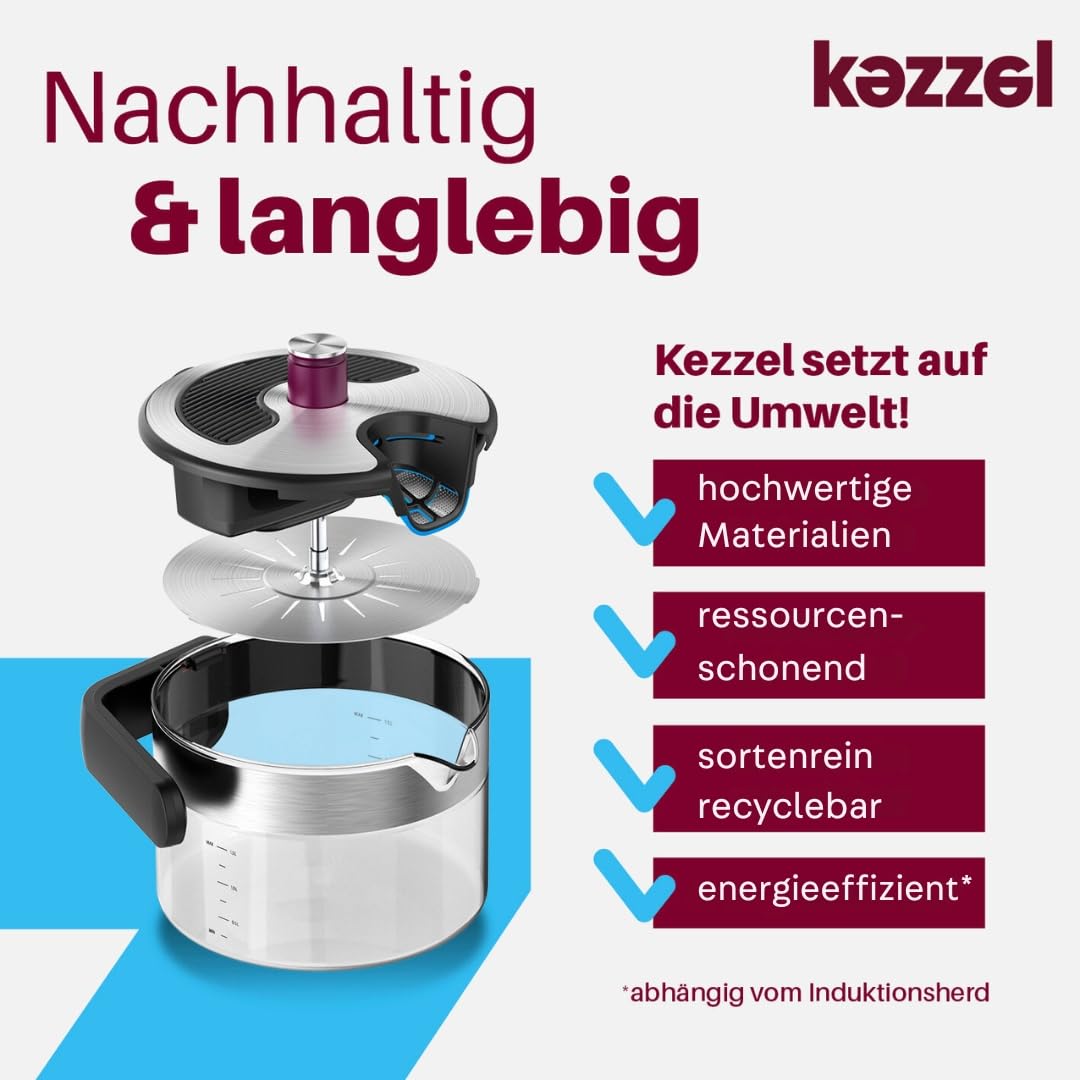 Kezzel® innovativer Wasserkessel für Induktionsherde 1,5 Liter | Automatische Abschaltfunktion, kein Überkochen | Minimalistisches Design, Edelstahl & Glas, leicht zu reinigen, spülmaschinengeeignet