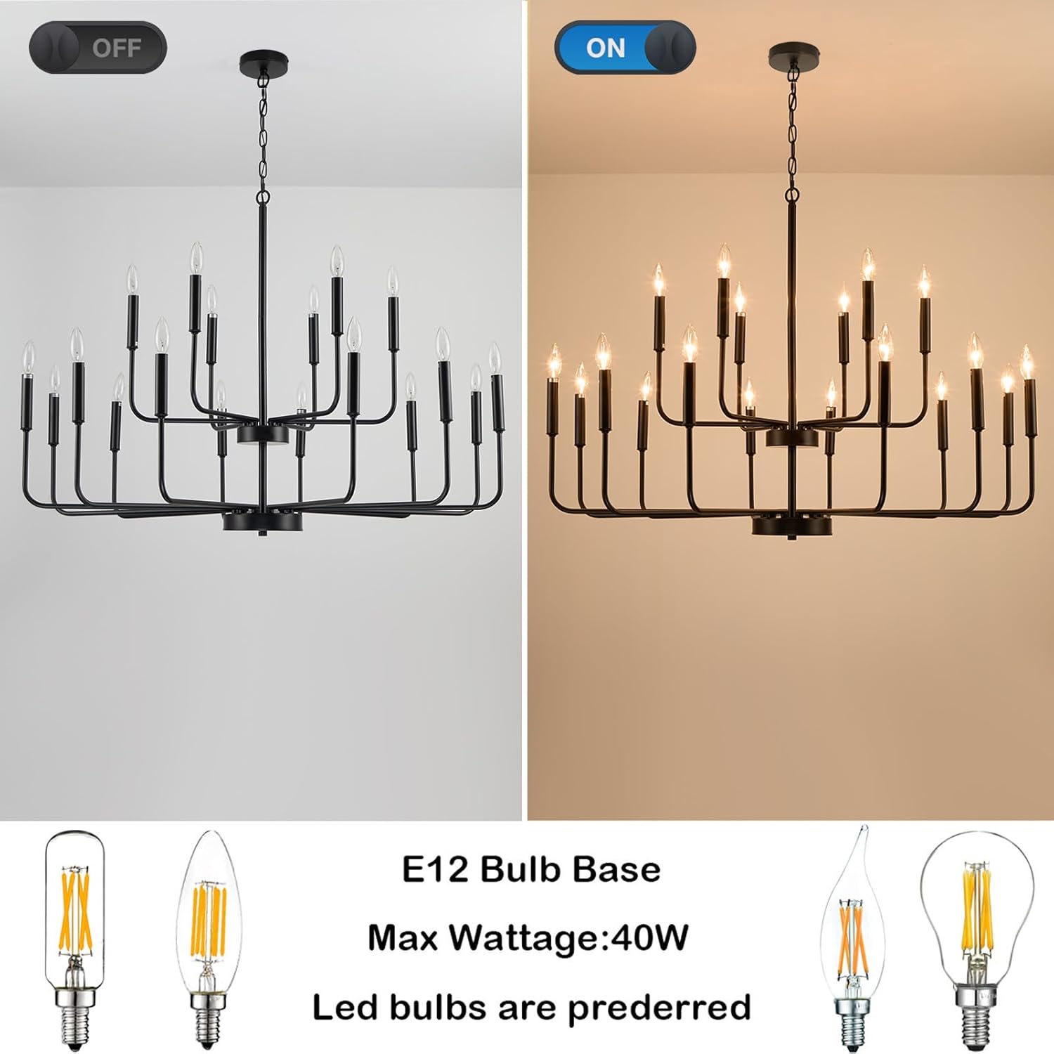 Black Chandeliers for Dining Room Light Fixture Over Table, Modern Farmhouse Chandeliers for Living Room,18-Lights Industrial Metal 2-Tier Candle Lighting Fixtures for Entryway Kitchen Island Foyer