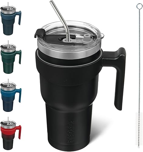 BJPKPK Vaso de 30 fl oz con asa, de acero inoxidable, con aislamiento térmico de doble pared, con tapa y popote, color negro