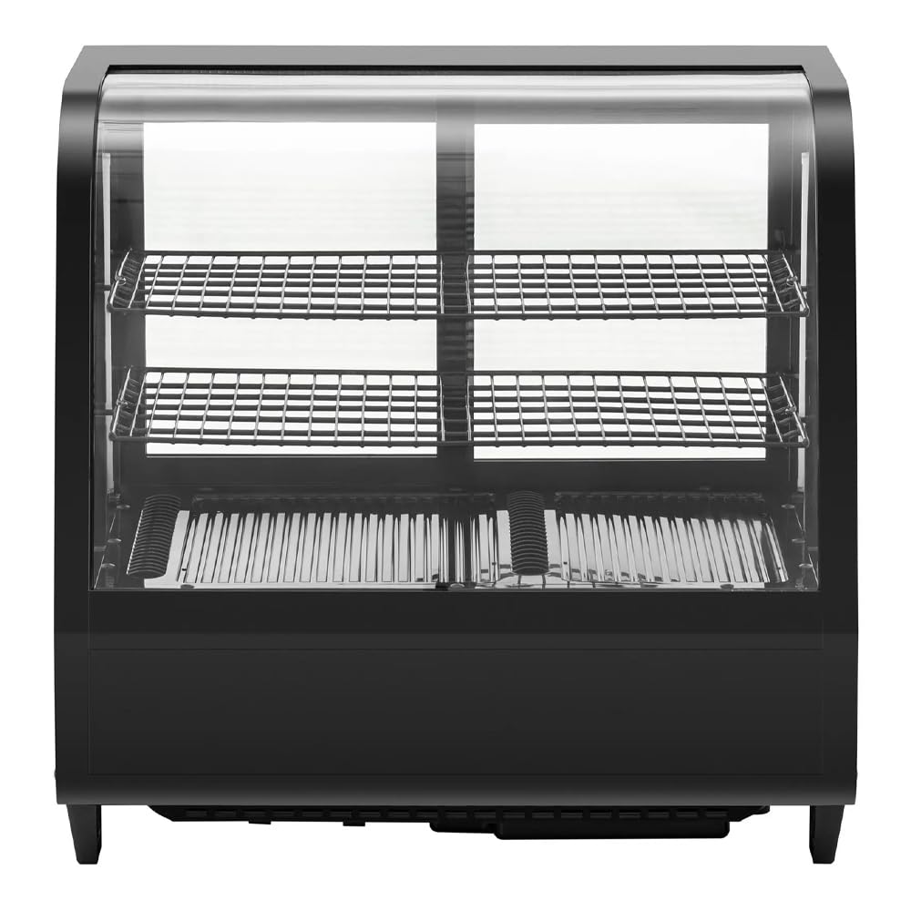 Vitrina Pastelera Expositora Refrigerada 2 Estantes con 2 Puertas Correderas Negra 100 Litros Ventilada | Vitrina Sobremesa Cristal Curvado