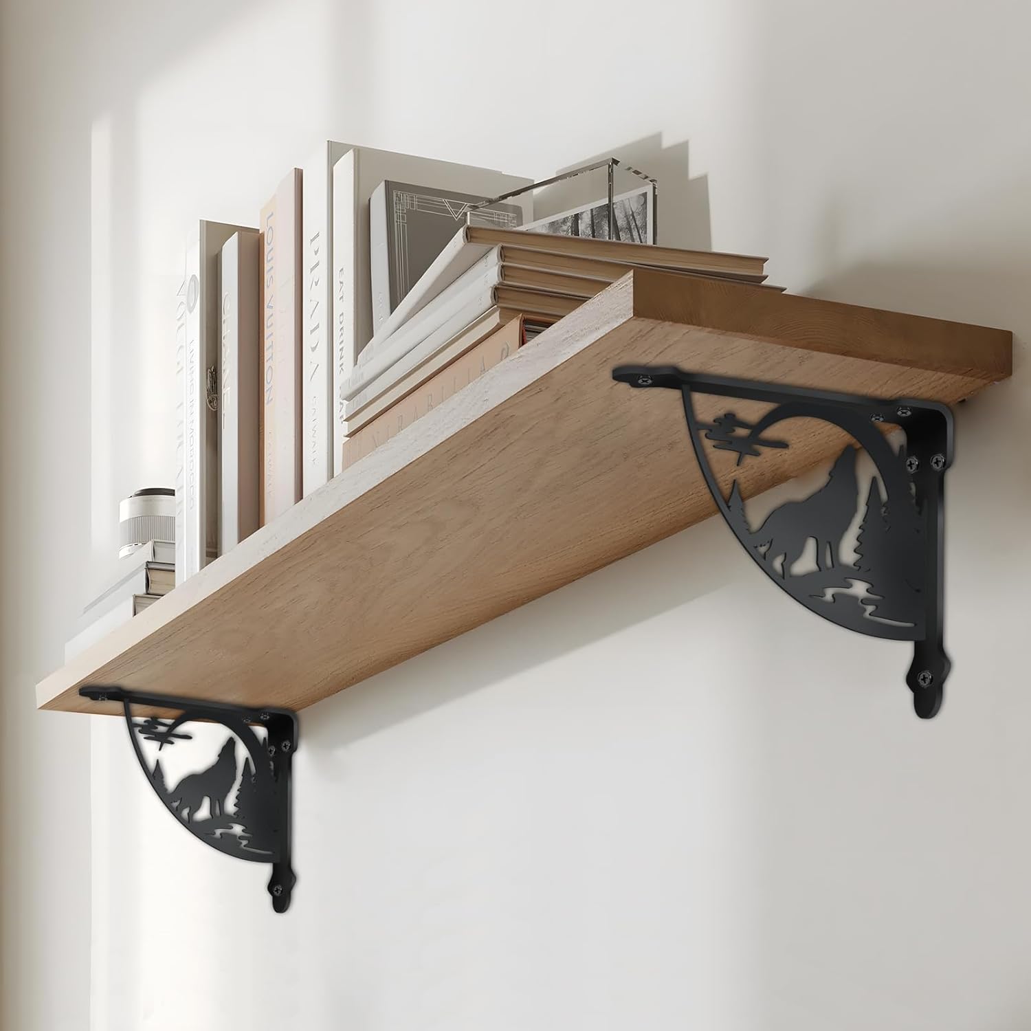 SUPERDANT 2Pcs 8.3x6.8 in Wolf and Forest Shelves Brackets Heavy Duty Decorative Shelf Bracket Black Iron Wall Shelf Brackets with Screws for Home Office Bookshelf Fireplace Housewarming Gift