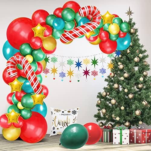 Christmas Balloon Garland Arch kit, 85pc Red Green Balloon Arch Kit with Candy Cane Balloons Metal Gold Balloon Star Foil Balloon for Kids Christmas Holiday New Year Christmas Party Decorations