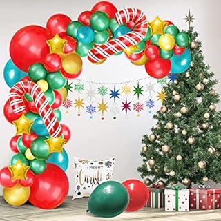 Christmas Balloon Garland Arch kit, 85pc Red Green Balloon Arch Kit with Candy Cane Balloons Metal Gold Balloon Star Foil Balloon for Kids Christmas Holiday New Year Christmas Party Decorations