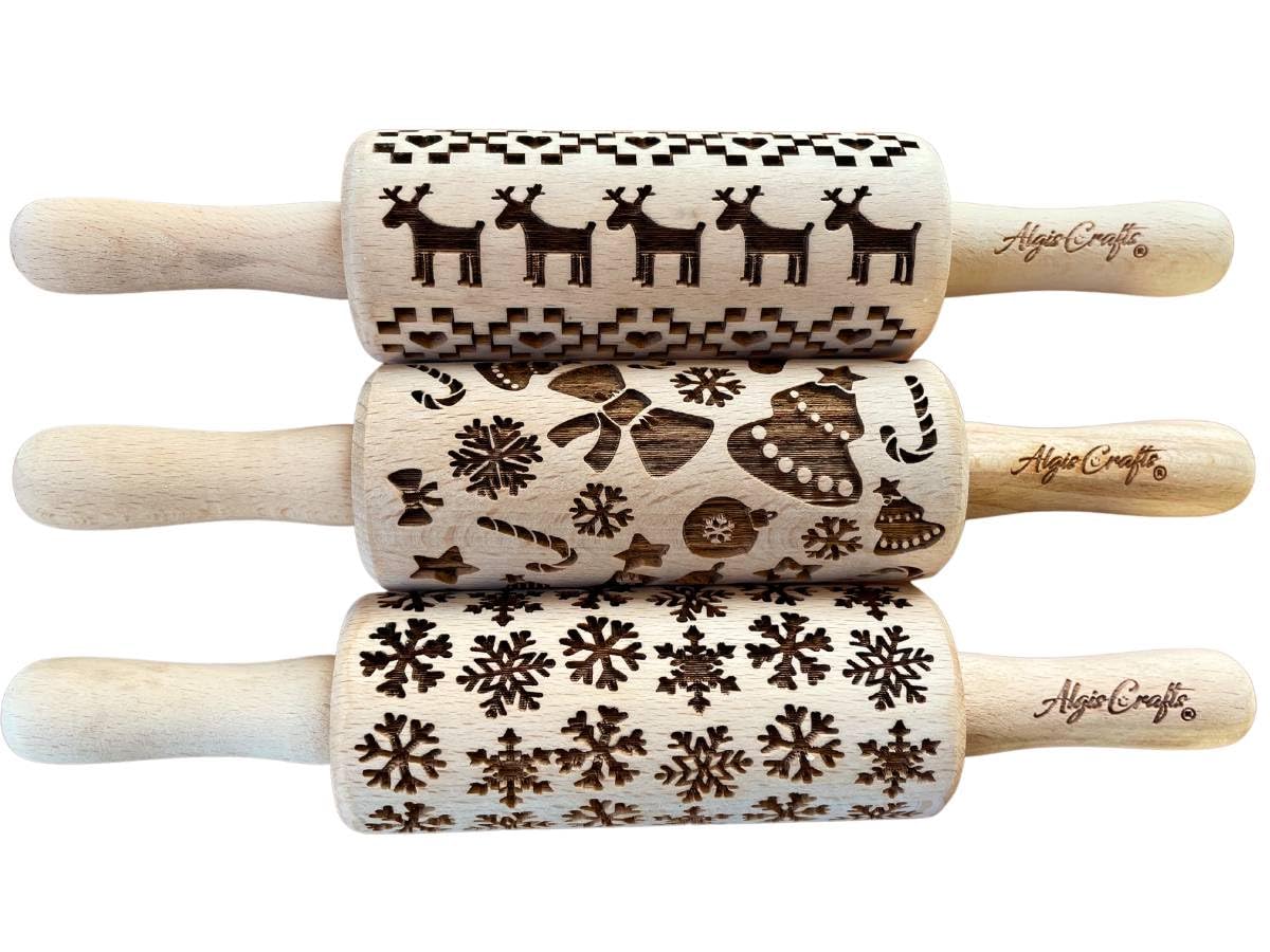 NATALE Mattarello Decorativo per Biscotti - Set di 3 Mattarelli Piccoli | Mattarello Inciso | Rullo per Biscotti e per Modellare per fai da te | Mattarello Legno Goffrato di Algis Crafts