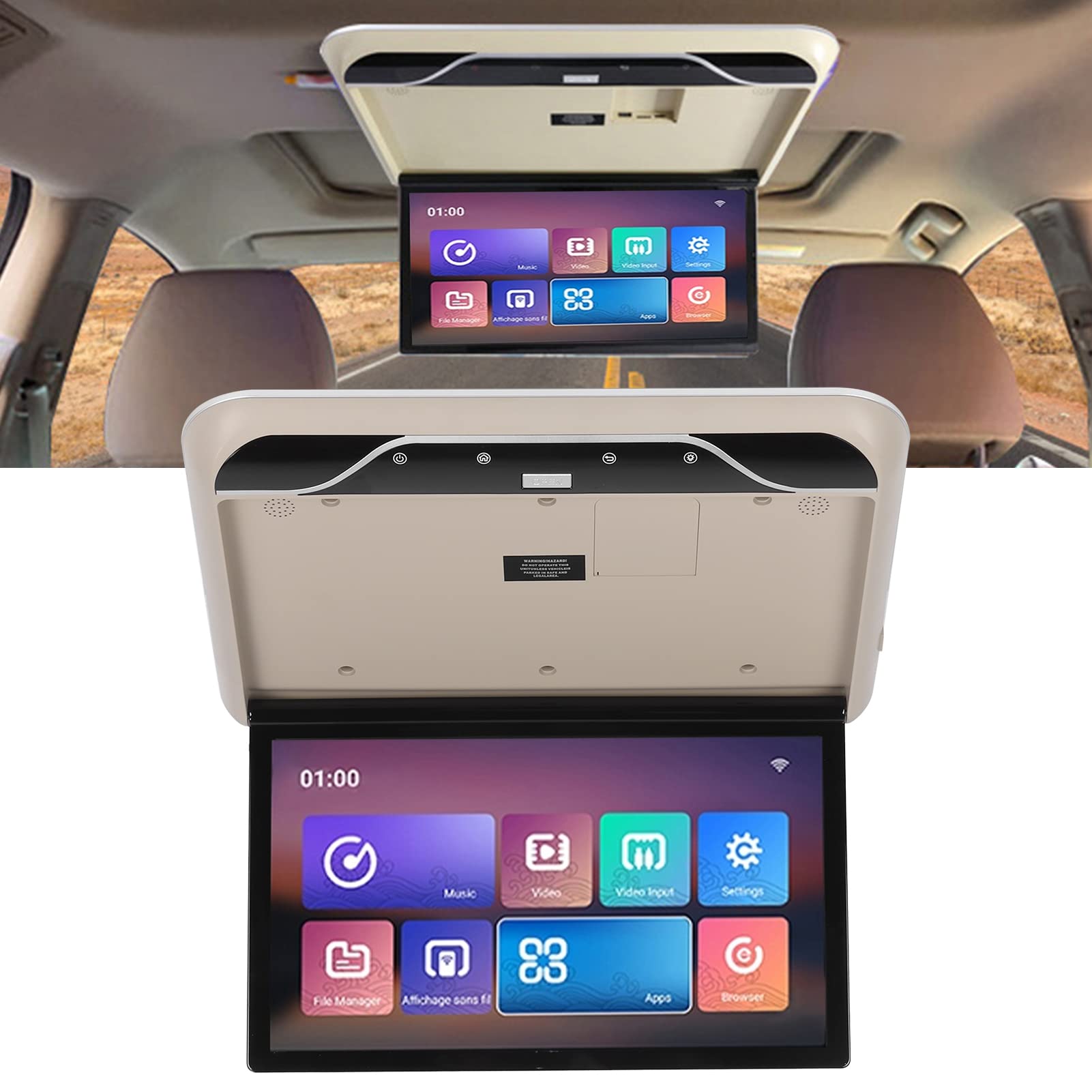 Monitor de Montaje en el Techo del Coche, Pantalla Abatible Montada en el Techo del Coche de 19 Pulgadas, Compatible con HDMI Y TV con Control Remoto Android 9.0(Beige)