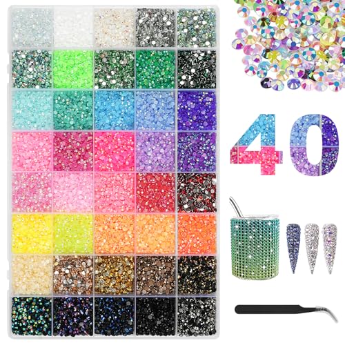 AOOSA 40 cores Bedazzling Kit, 32000 diamantes imitação unhas 3 mm parte traseira plana com 1 pinça para maquilhagem de olhos, bricolage unhas, roupas, sapatos, capas de telefone e ganchos cabelo