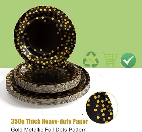 Miniatura 3 de Choha 180 piezas de suministros de fiesta negros y dorados, sirve para 30 invitados desechables para fiestas, platos de papel negro, servilletas,