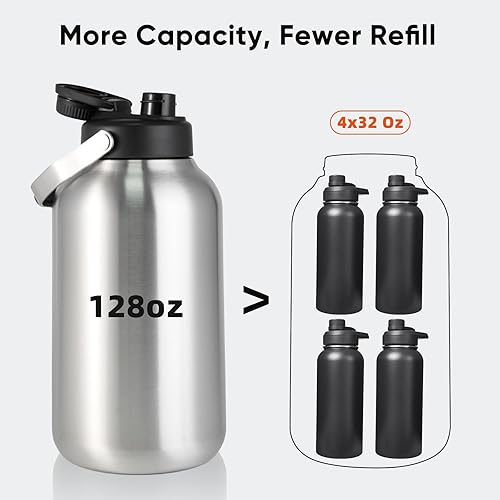 Miniatura 2 de Botella de agua de un galón, botella de agua aislada de acero inoxidable de 128 onzas para bebidas calientes y frías, sin BPA, boca ancha, jarra de