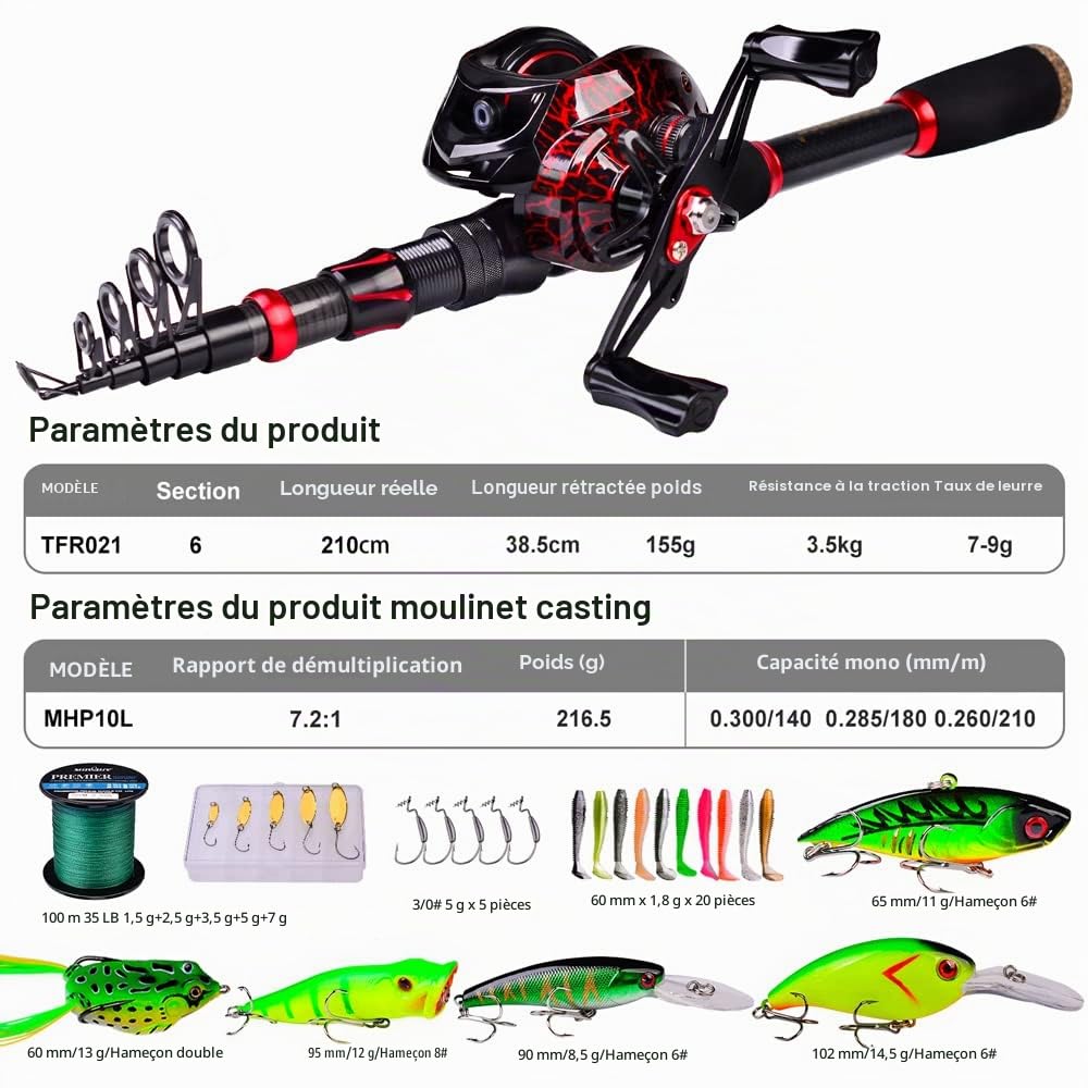 Ensemble Canne à pêche et Moulinet, Canne à pêche télescopique en Fibre de Carbone de 2,1 m avec Moulinet Rotatif/appât, Eau salée, Eau Douce, Glace, Bar