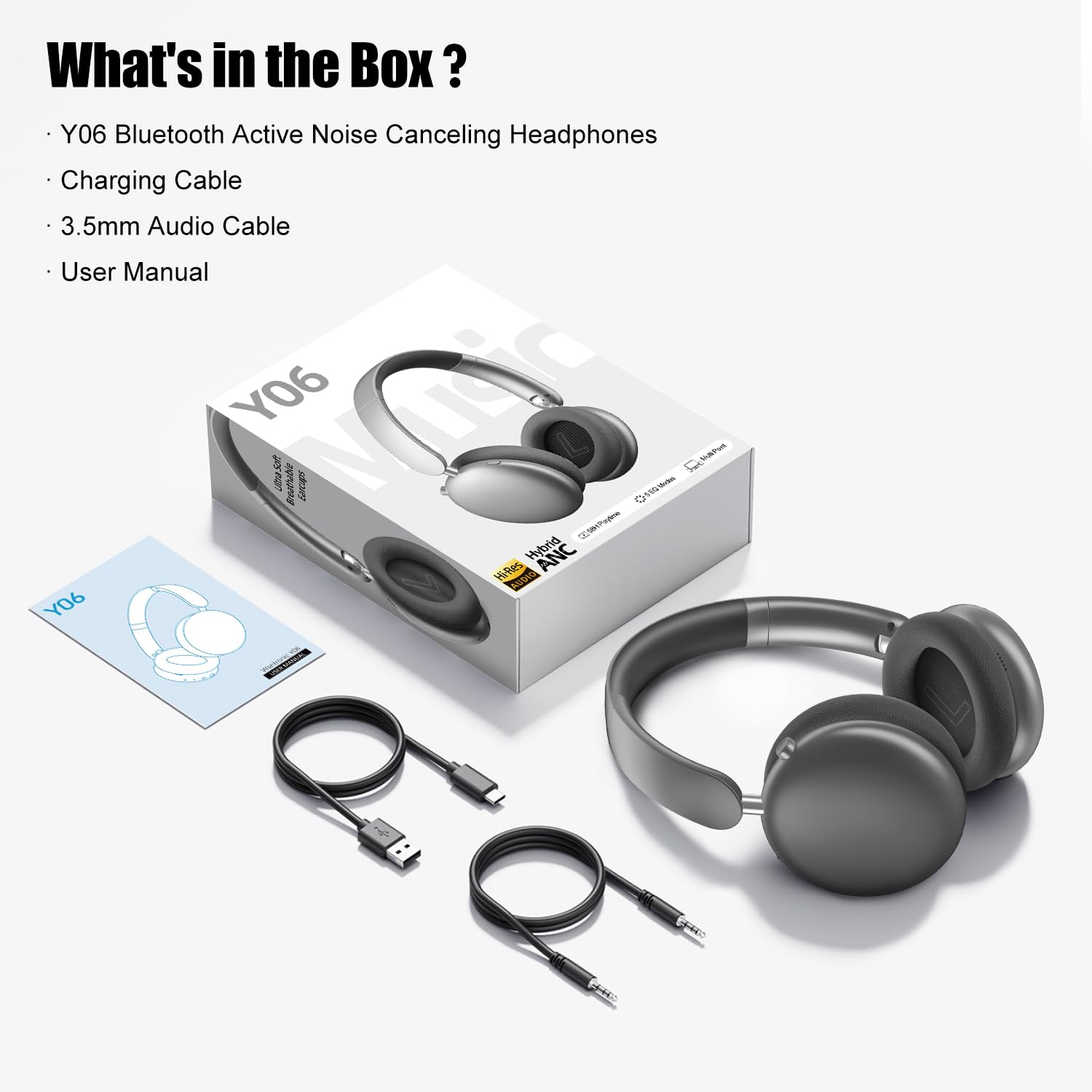 Wentronic Y06 Noise Cancelling Headphones,58H Playtime and 5 EQ Music Modes Wireless Over Ear Bluetooth Headphones with Microphone,Lossless Audio,Multipoint Connection,Foldable,Lightweight,Space Grey