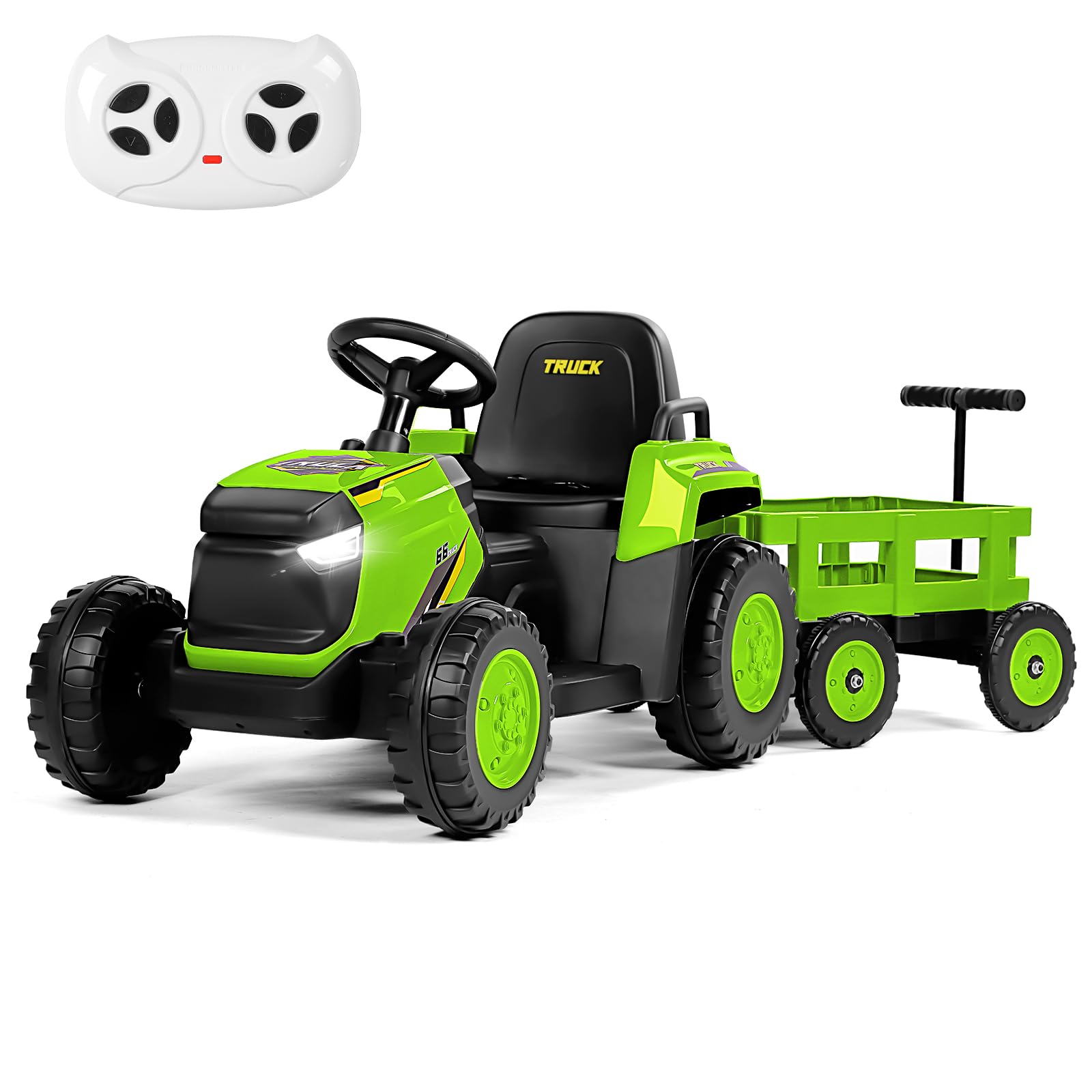 Electric Tractor and Trailer for Kids, 12V Ride on Cars with Remote Control, LED Lights, USB & Bluetooth Music and Horn, Battery Powered Ride-ons Tractor for Boy, Girls Age 3+ (Green)