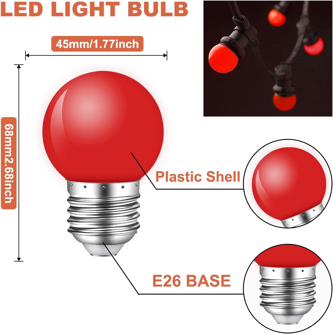 Red Light Bulb,1W E26 Red LED Lights Bulb,Small Colored Bulbs for Outdoor Indoor,Red Night Lights Bulb 1W Equivalent 5 Watt,Red Colored Bulbs for Halloween Party Christmas Bedroom,Pack of 6