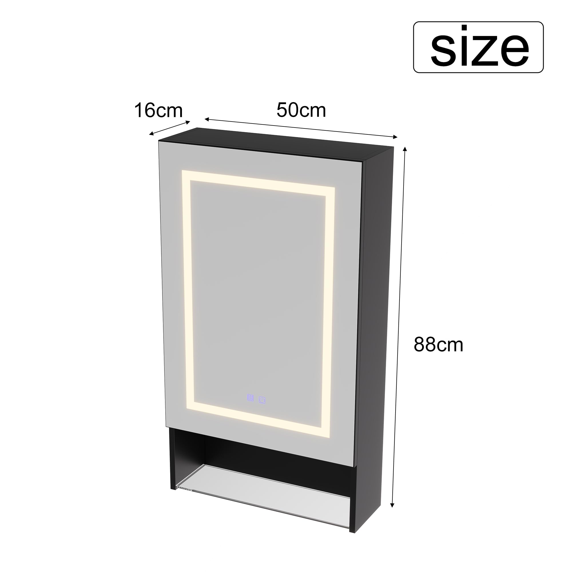 Armario de baño con espejo e iluminación LED, mueble de pared de almacenamiento para cuarto de baño, con puerta, estante ajustable, negro, 50 x 88 x 15 cm