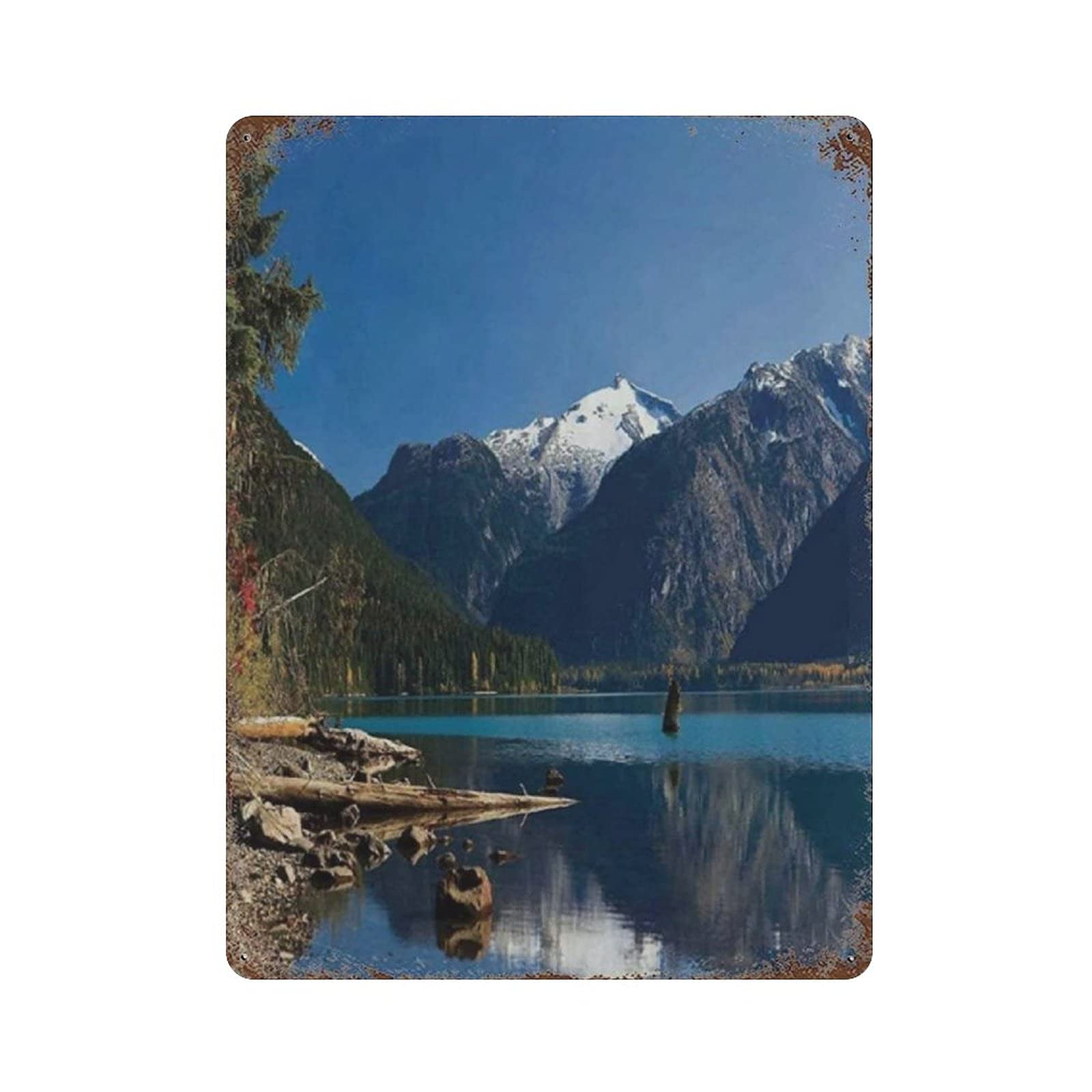Landscape Mountain Countryside Winter Time Lake Metal Signs, Fun Poster For Bar Kitchen Cafe Farmhouse Wall Decor 12x16 inch