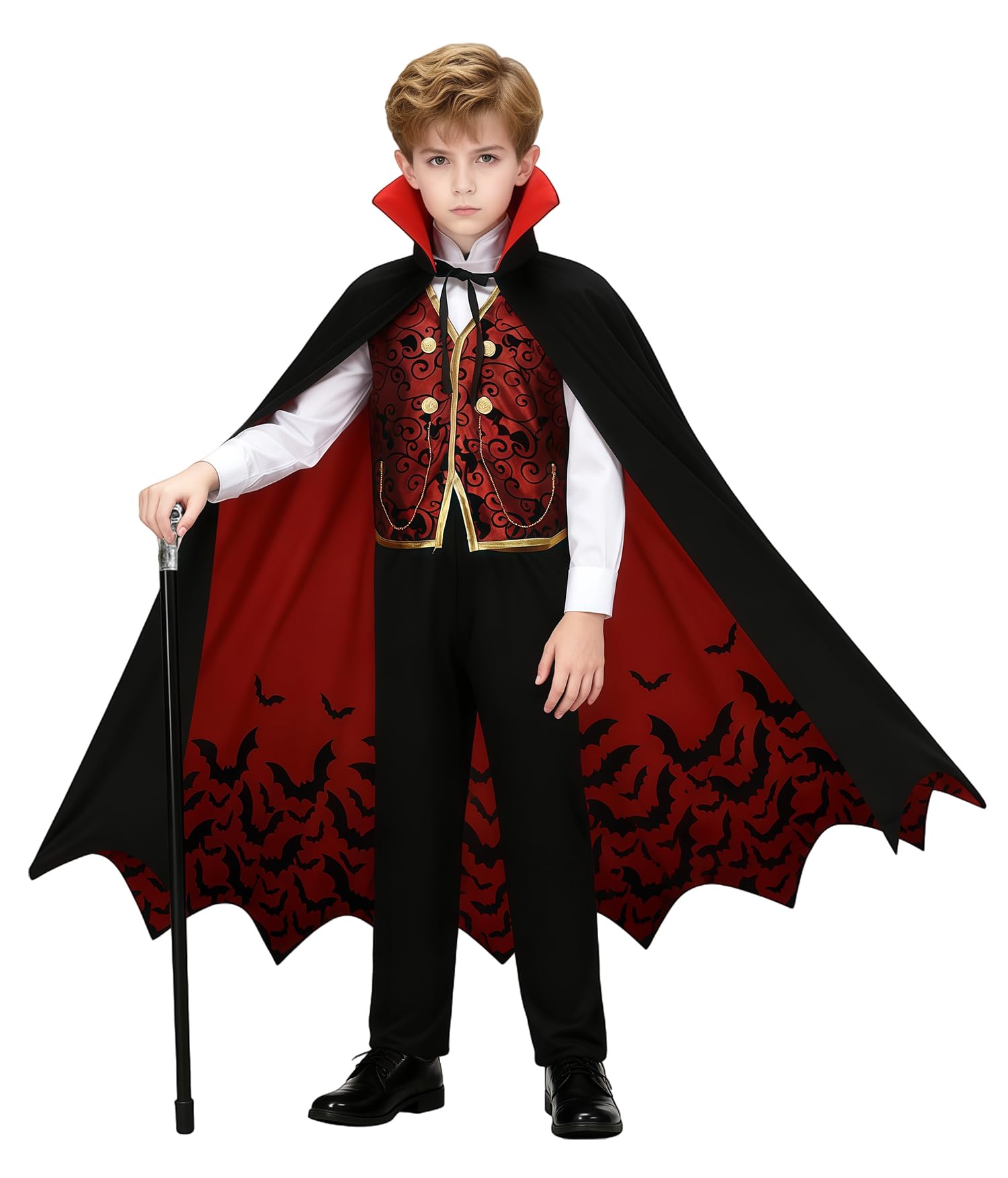 Costume de vampire pour enfant, garçon, gothique, royal, médiéval, gothique, pour carnaval, fête d'anniversaire, avec accessoires de luxe, canne de vampire, phosphorescente dans le noir,