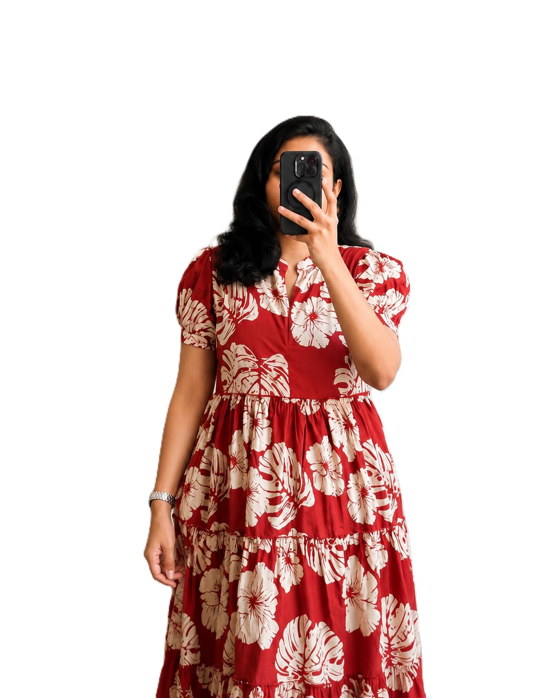 Women's Rayon A-Line Midi Dress, Floral Print, Short Sleeves, Tiered Design, Round Neck, for Summer Wear-picture-18