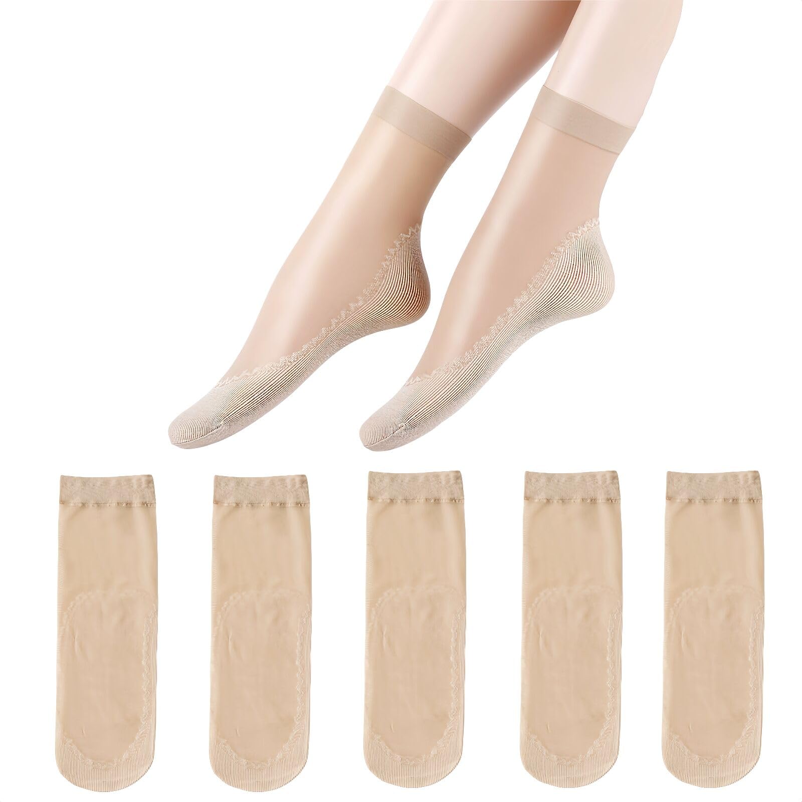 Toukingda Women's Skin Sheer Pop Socks For 5 Pairs Silky Anti-Slip Cotton Sole Ankle Socks Casual Nylon Transparent -Feeling Fashion Sheer Sock(Skin)