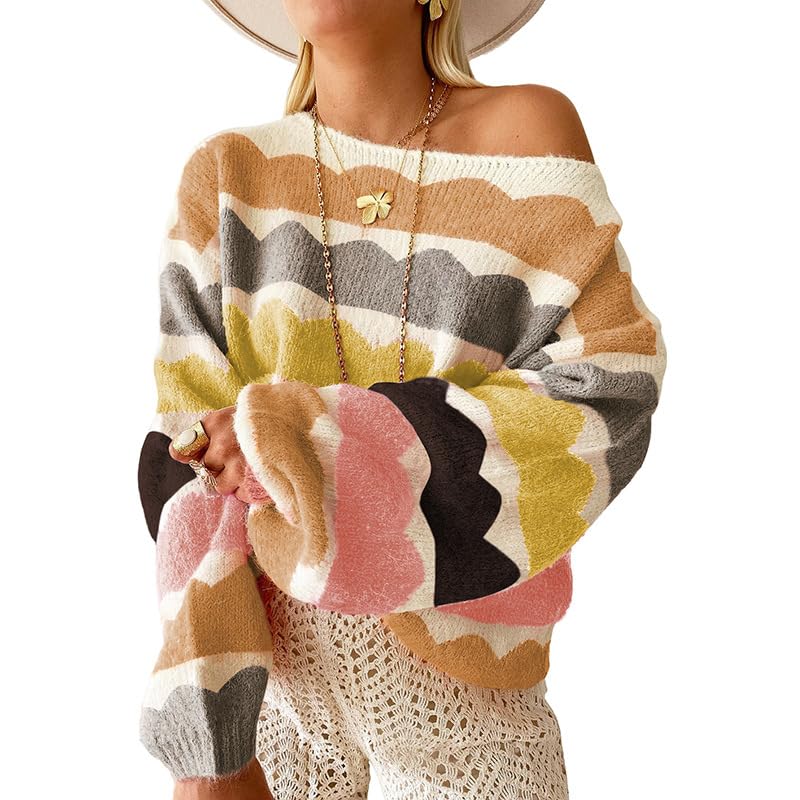 Melliflo Womens 2024 Striped Sweaters Loose Fit Long Sleeve Drop Shoulder Knit Pullover Tops Fashion Color Block Oversize