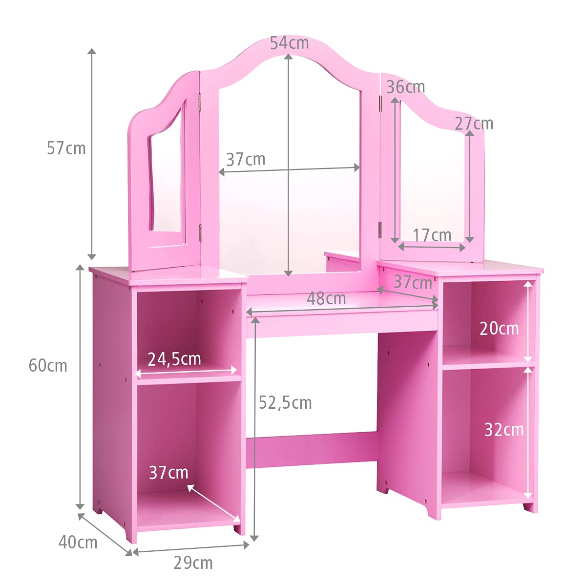 COSTWAY Tocador para Niñas con Compartimentos Abiertos Escritorio con Espejo Extraíble Mueble de MDF Estantería para Libro Juguete Almacenameitno (Rosa)