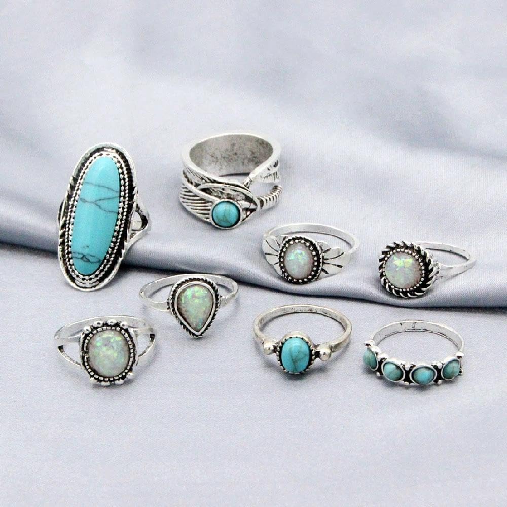 Chunky Bohemian Stackble Knuckle Rings Vintage Oval Turquoise Finger Rings Opal Teardrop Statement Midi Ring Set Western Country Festival Accessories - Image 4
