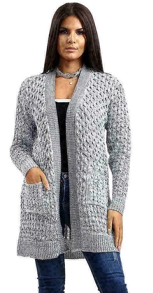 Crazy Girls Womens Crochet Knitted Boyfriend Cardigan, Marl Grey, SM (UK 8-10)