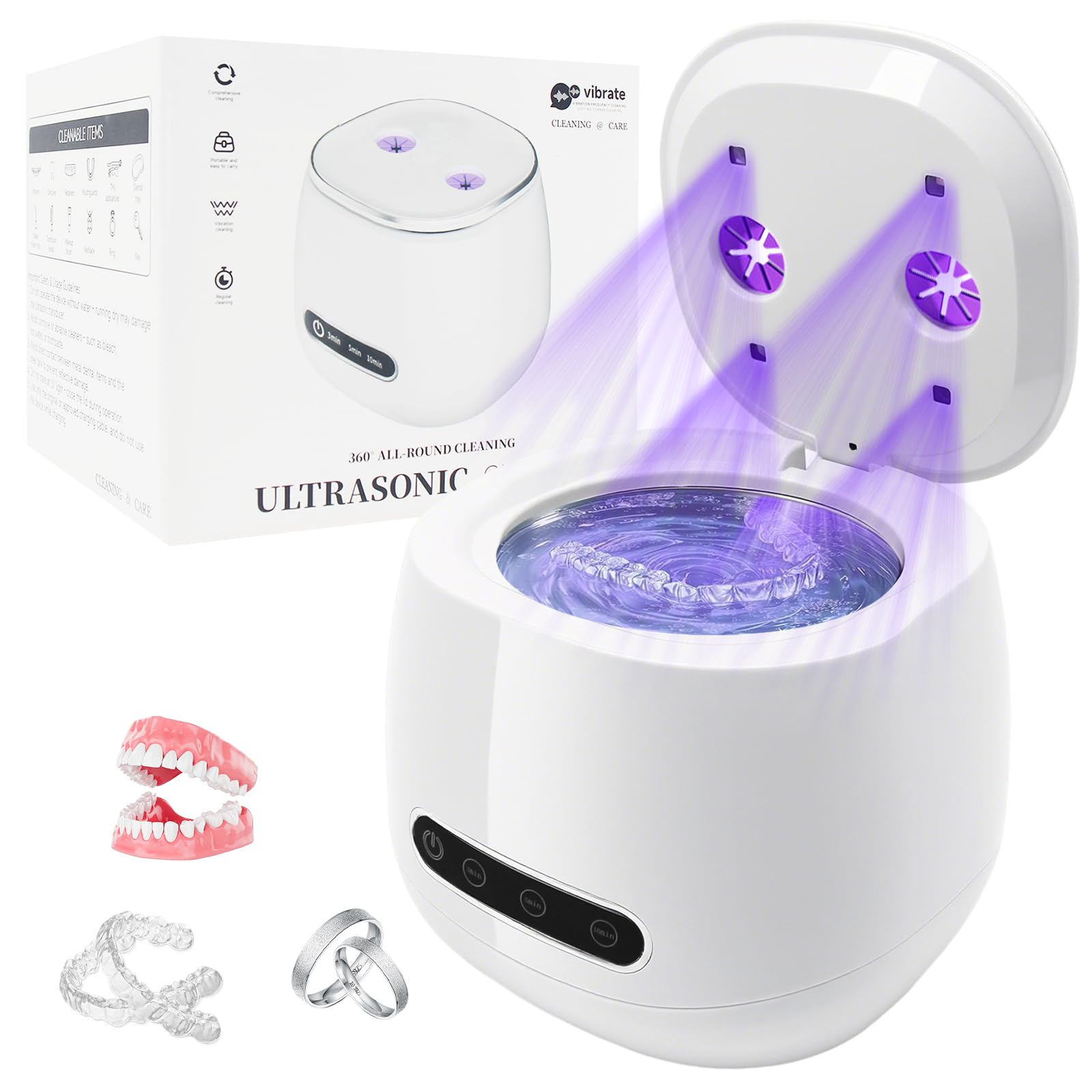 Pulitore Ultrasuoni, Display LED Timer Portatile Pulitore Ultrasuoni Apparecchio Denti,per Apparecchi Ortodontici, Mascherine, Bite Notturni