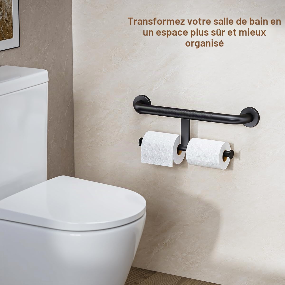 FANHAO Barre d'appui pour Douche avec Double Support pour Papier hygiénique 45.5 cm, 2 en 1 Barre d'assistance de sécurité Acier Inoxydable, Barre d'appui pour Personnes handicapées, âgées