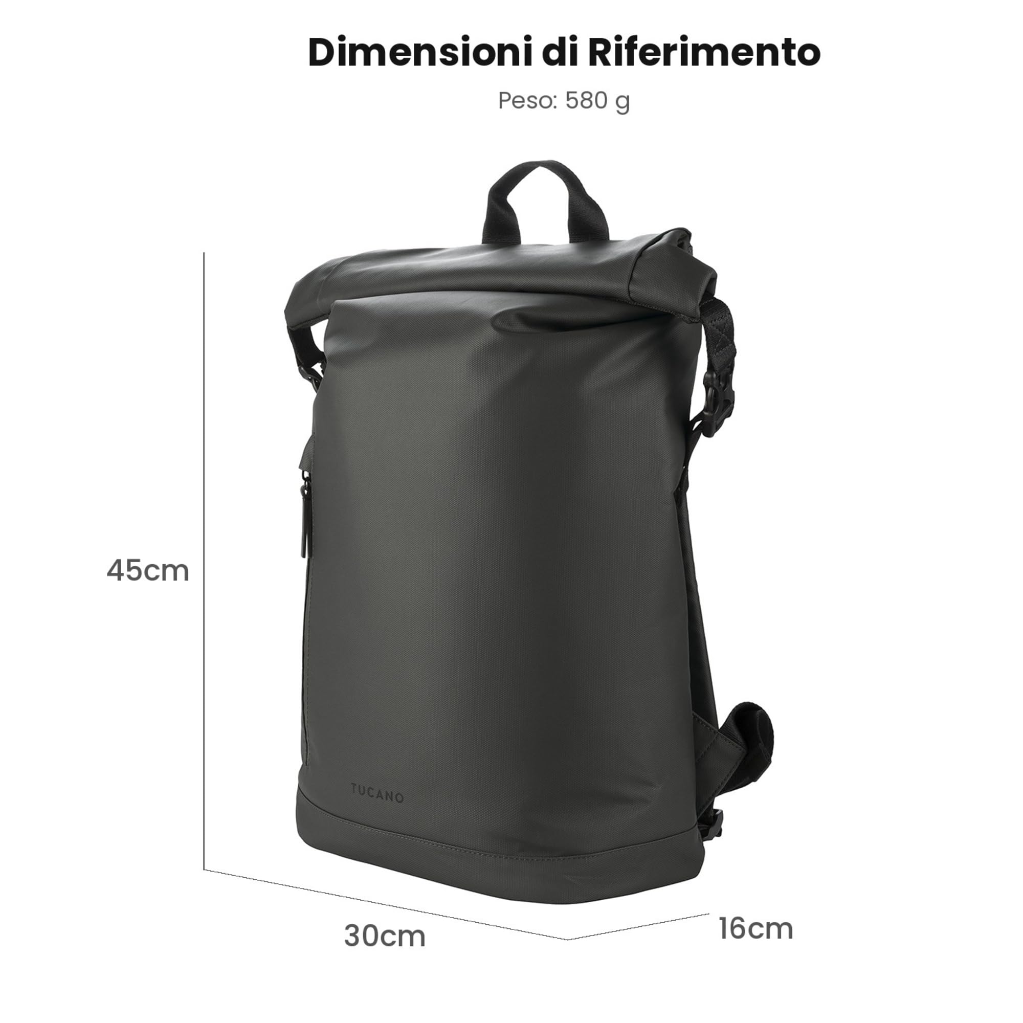 Tucano, Rollo Zaino Porta PC per Laptop 15.6" e MacBook 16" con Chiusura Rolltop in Tessuto Riciclato Water Resistant, con Tasca Imbottita e Spallacci Regolabili, 30x45x16 cm, Nero